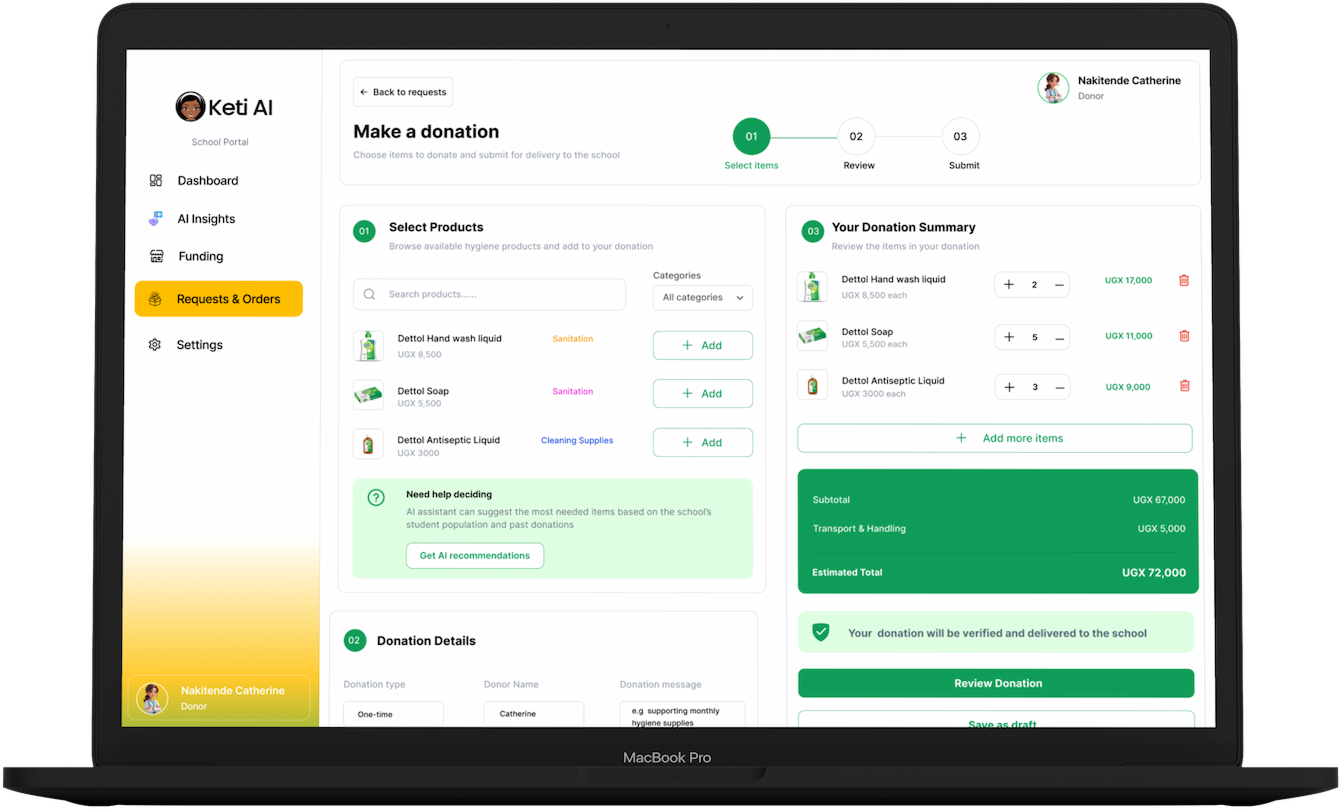Keti AI school donation platform displayed on a laptop
